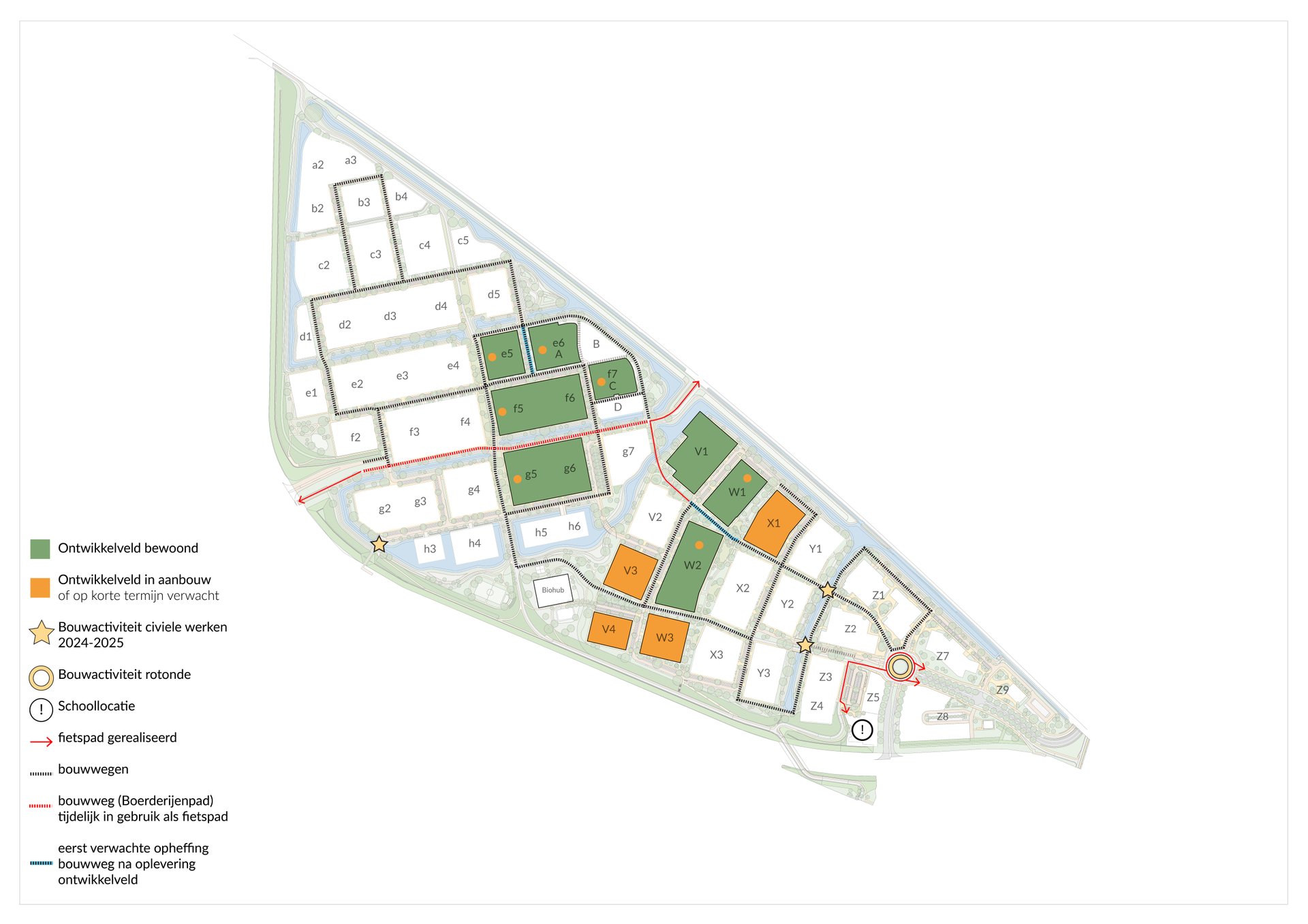 Kaart met bouwplanning en bouwwegen in De Tippe - versie juni 2024