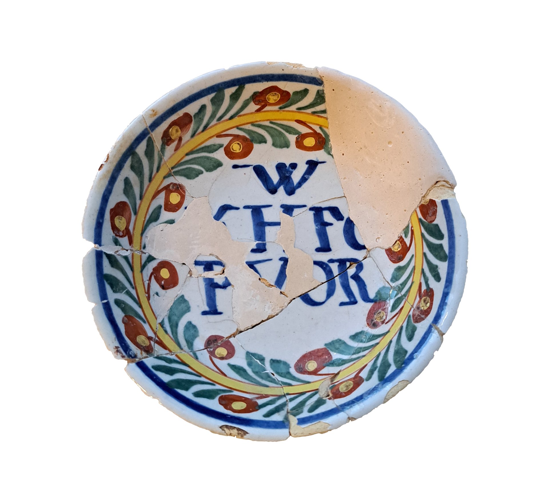 Een faience bordje met initialen Willem IV