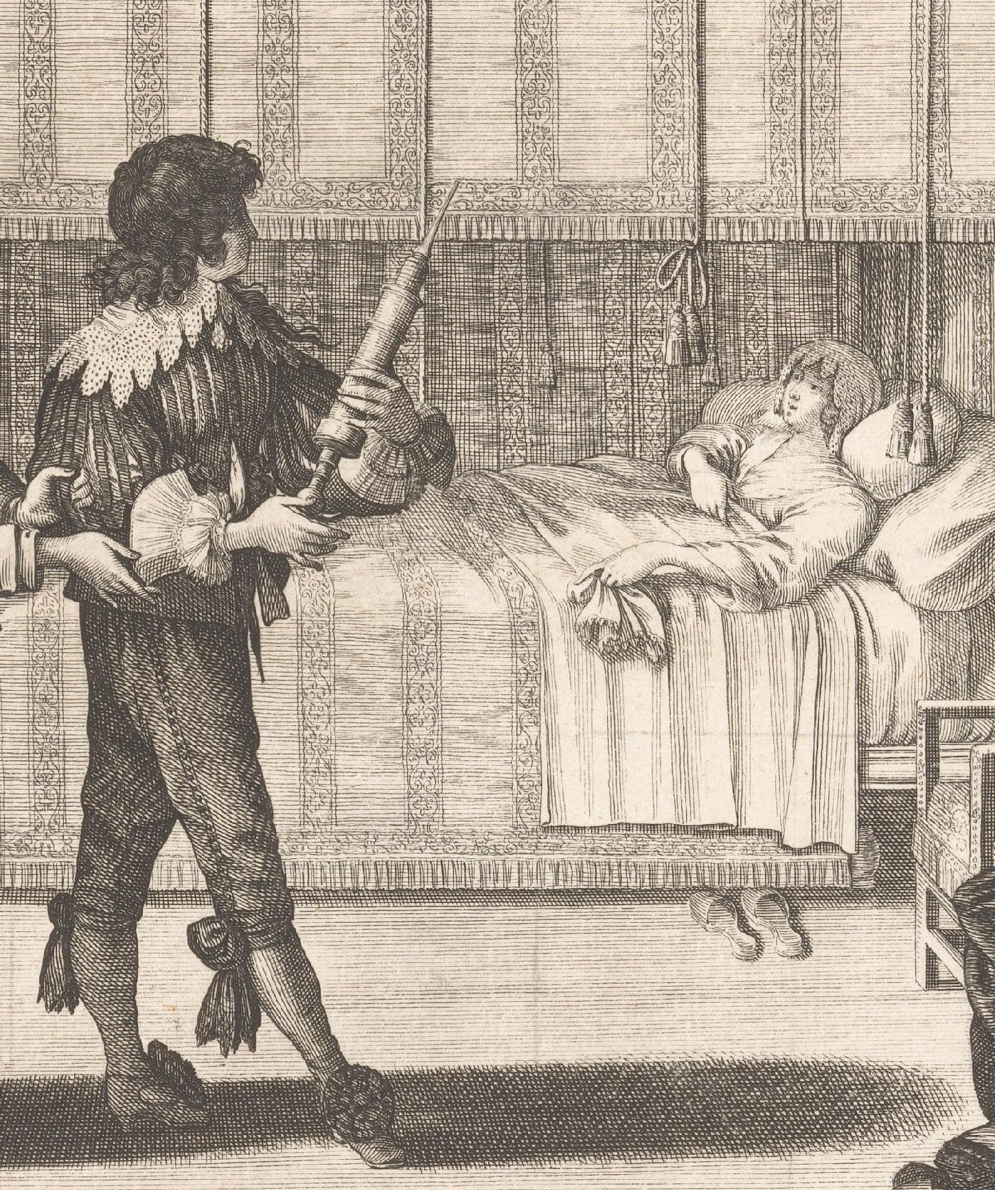 Detail van ‘Apotheker met klisteerspuit bij een vrouw op bed’, Abraham Bosse, ca. 1636 – 1637